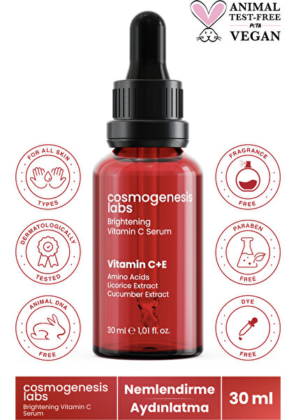 Cosmogenesis Labs Aydınlatıcı C+E Vitamini Serum 30ML Yenileyici Eşitleyici Pürüzsüz Görünüm & Nemlendirici Etkili