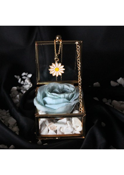 Dekoratif Kutu Kapaklı Camlı Metal Mavi Gül Altın Kaplama Papatya Kolye Hediye