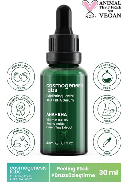 Cosmogenesis Labs Peeling Etkili Aha+Bha Serum 30ML Pürüzsüz Cilt & Yenileyici Aydınlatıcı Eşitleyici ve Nemlendirici