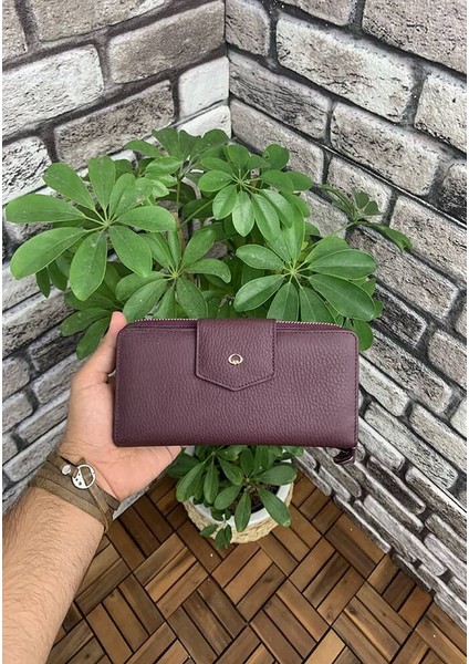 Bordo Mat Fermuarlı ve Hakiki Deri Patlı El Portföyü