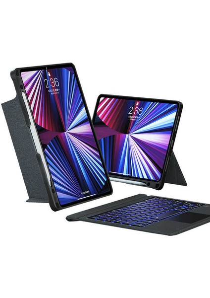 Apple iPad Air 12.9 Inç 2022 (5.nesil) Uyumlu Fuchsia Touch Pad Bluetooth Klavyeli Standlı Mıknatıslı Tablet Kılıfı
