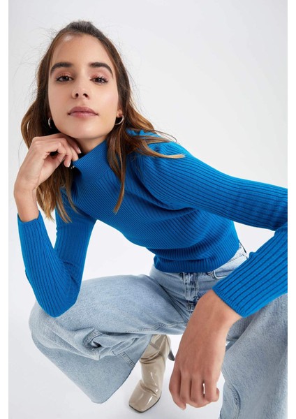 Fitted Yarım Balıkçı Yaka Ribana Triko Kazak X7886AZ22WN