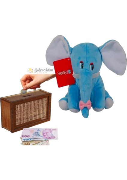 Sevimli Fil 20 cm Peluş Oyuncak ve Ahşap 10.000 Hedefli Kumbara Para Biriktirme Kutusu