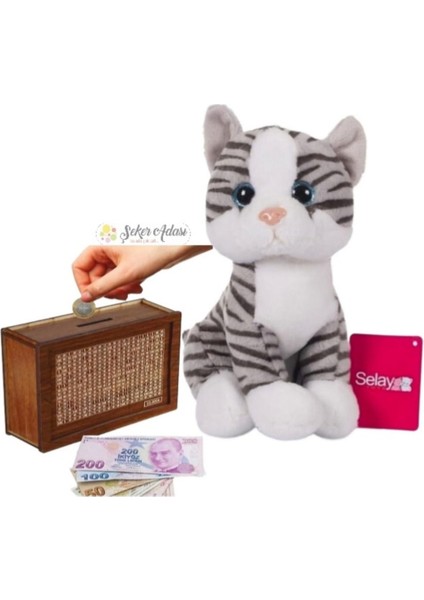 Sevimli Miyavlayan Kedi 25 cm Peluş Oyuncak ve Ahşap 10.000 Hedefli Kumbara Para Biriktirme Kutusu