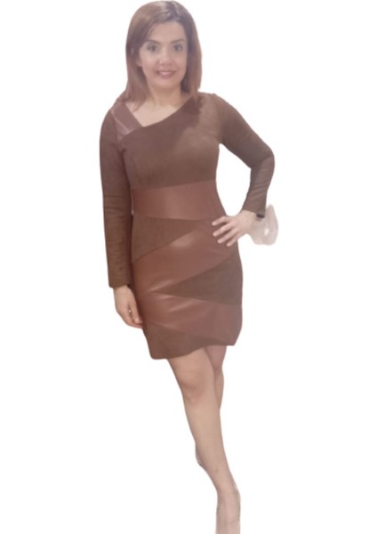 Kahverengi Nubuk Deri Detaylı Kısa Kalem Elbise