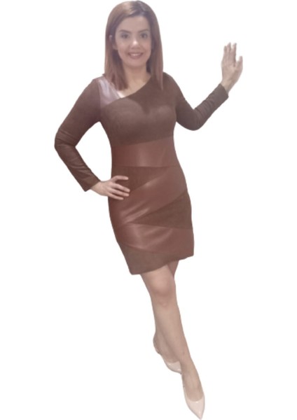 Kahverengi Nubuk Deri Detaylı Kısa Kalem Elbise fiyatları