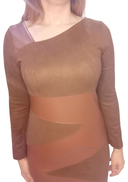 Kahverengi Nubuk Deri Detaylı Kısa Kalem Elbise fırsatları