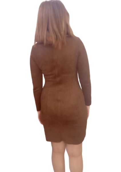 Kahverengi Nubuk Deri Detaylı Kısa Kalem Elbise indirimleri