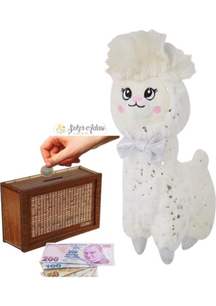 Sevimli Beyaz Lama 28 cm Peluş Oyuncak ve Ahşap 10.000 Hedefli Kumbara Para Biriktirme Kutusu
