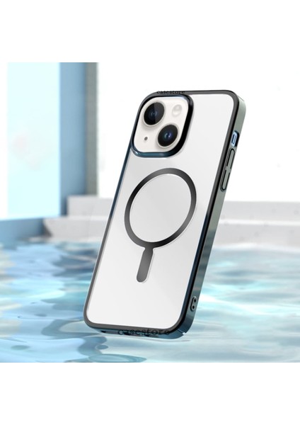 Apple iPhone 14 Uyumlu Kılıf Tam Koruma Manyetik Arkası Şeffaf Sert Pc Elektrolize Lazer Kesim