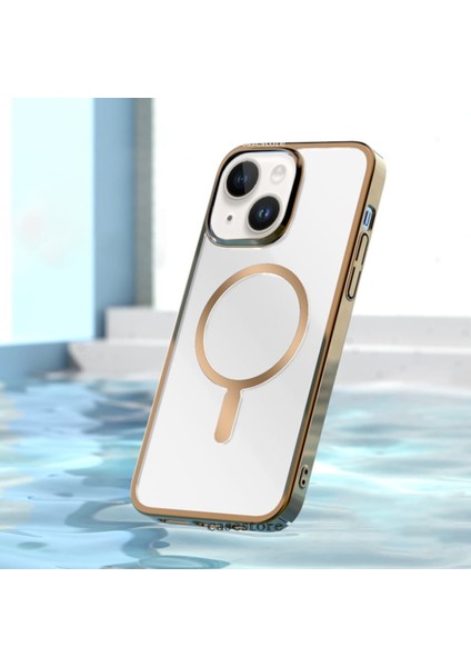 Apple iPhone 14 Uyumlu Kılıf Tam Koruma Manyetik Arkası Şeffaf Sert Pc Elektrolize Lazer Kesim