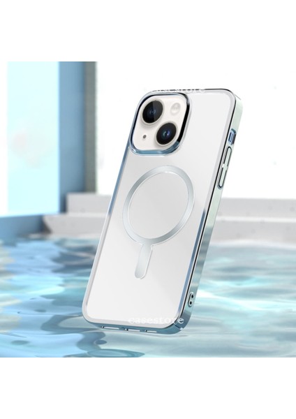 Apple iPhone 14 Uyumlu Kılıf Tam Koruma Manyetik Arkası Şeffaf Sert Pc Elektrolize Lazer Kesim