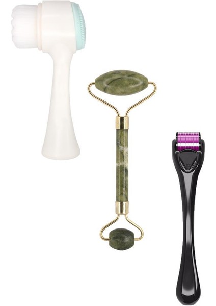 3'lü Cilt Bakım Seti Dermaroller 1 mm + Cilt Temizleme Fırçası Klasik + Yeşim Taşı Yüz Masaj Aleti