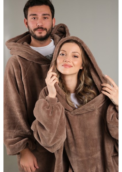 Unisex Peluş Kapüşonlu ve Cepli Tek Kişilik Kapşonlu Giyilebilir Tv Battaniyesi, Sweatshirt