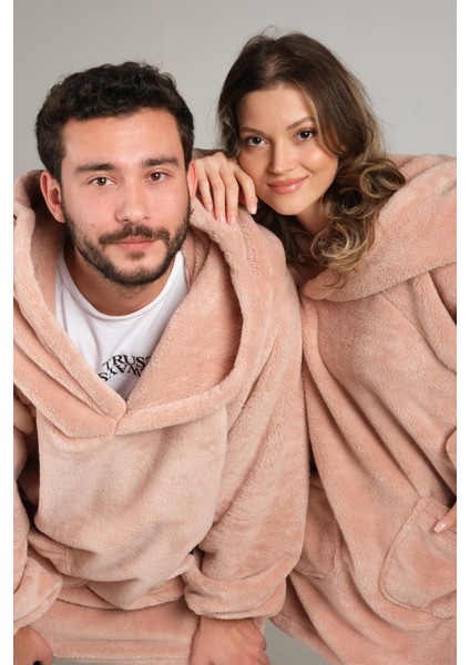 Unisex Peluş Kapüşonlu ve Cepli Tek Kişilik Kapşonlu Giyilebilir Tv Battaniyesi, Sweatshirt