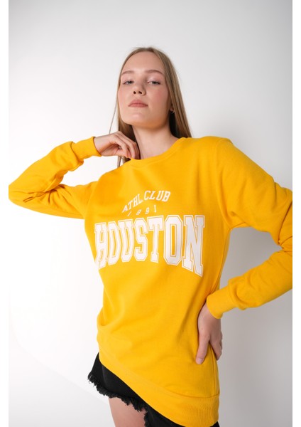 Kadın Sarı Houston Baskılı Bisiklet Yaka Oversize Sweatshirt