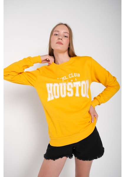 Kadın Sarı Houston Baskılı Bisiklet Yaka Oversize Sweatshirt