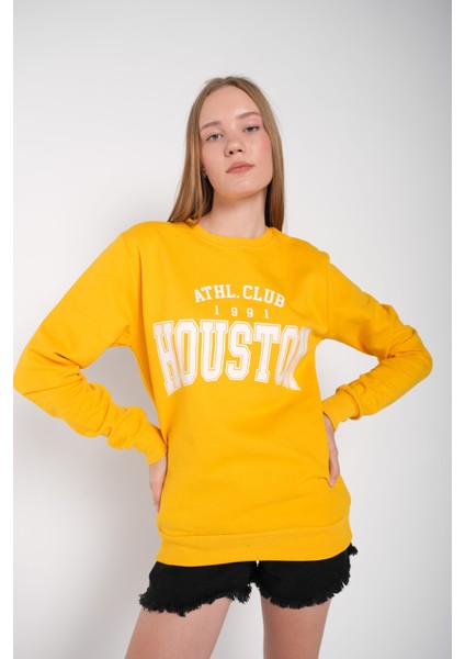 Kadın Sarı Houston Baskılı Bisiklet Yaka Oversize Sweatshirt