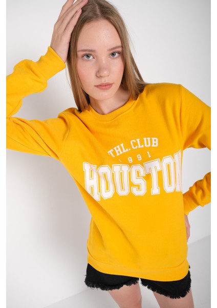 Kadın Sarı Houston Baskılı Bisiklet Yaka Oversize Sweatshirt