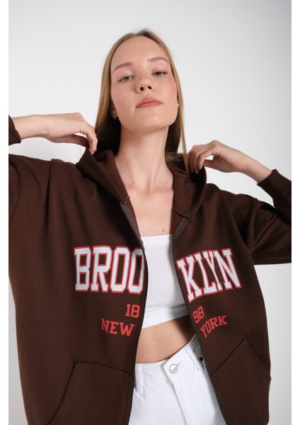 Kadın Kahverengi Brooklyn Baskılı Oversize Hırka