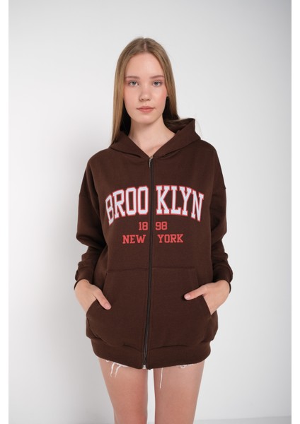 Kadın Kahverengi Brooklyn Baskılı Oversize Hırka