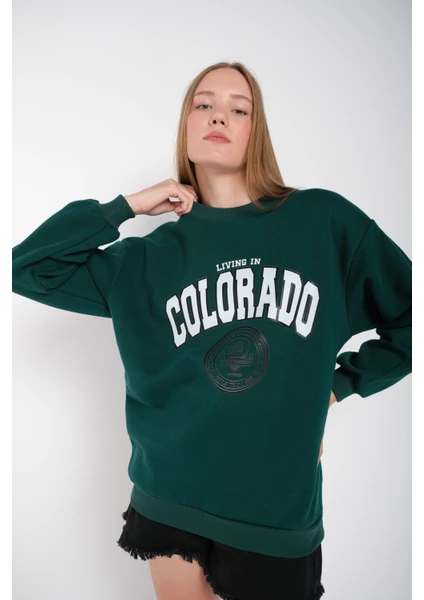 Kadın Koyu Yeşil Colorado Baskılı Bisiklet Yaka Oversize Sweatshirt