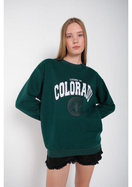 Kadın Koyu Yeşil Colorado Baskılı Bisiklet Yaka Oversize Sweatshirt