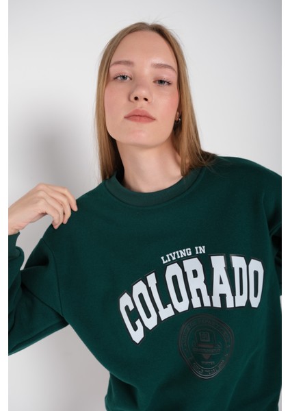 Kadın Koyu Yeşil Colorado Baskılı Bisiklet Yaka Oversize Sweatshirt