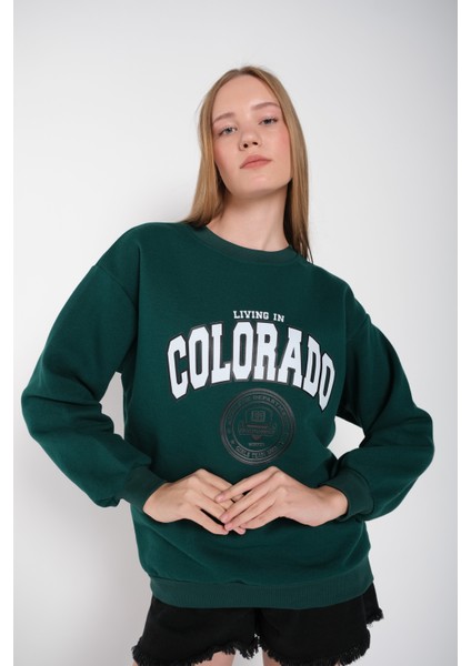 Kadın Koyu Yeşil Colorado Baskılı Bisiklet Yaka Oversize Sweatshirt