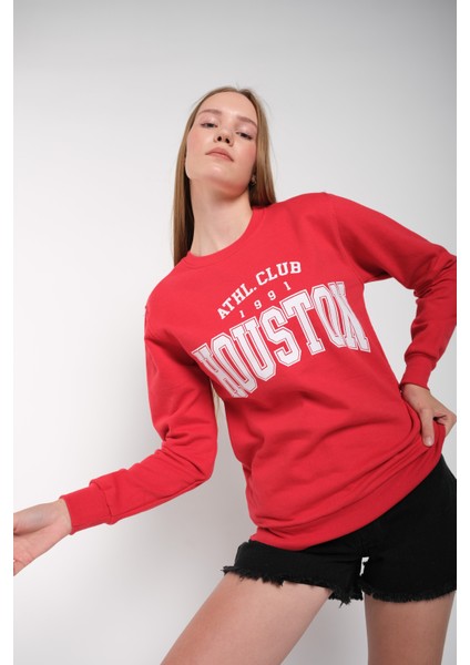 Kadın Kırmızı Houston Baskılı Bisiklet Yaka Oversize Sweatshirt