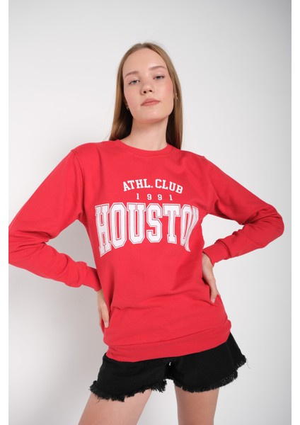 Kadın Kırmızı Houston Baskılı Bisiklet Yaka Oversize Sweatshirt