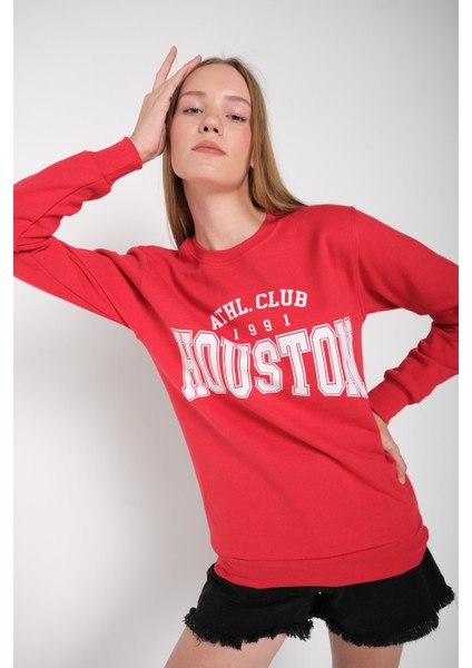 Kadın Kırmızı Houston Baskılı Bisiklet Yaka Oversize Sweatshirt