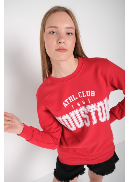 Kadın Kırmızı Houston Baskılı Bisiklet Yaka Oversize Sweatshirt