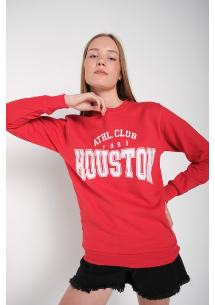 Kadın Kırmızı Houston Baskılı Bisiklet Yaka Oversize Sweatshirt