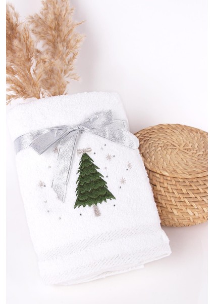 %100 Pamuk 2'li Çam Ağacı Nakışlı Yılbaşı 50 x 70 Happy New Year El Yüz Havlusu Yeni Yıl