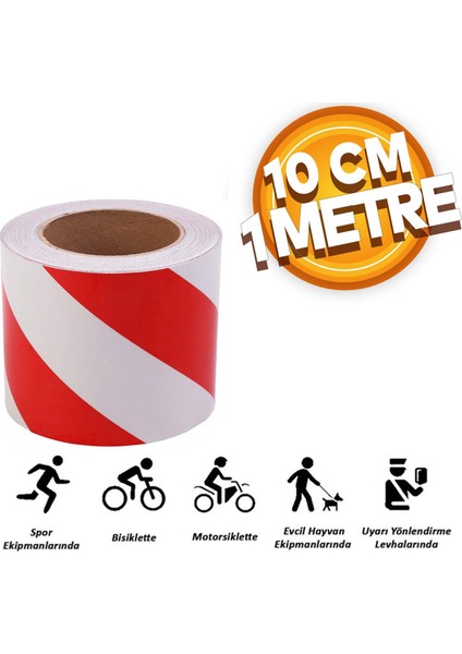 Reflektörlü Reflektif Fosforlu Şerit Bant 10 cm 1 Metre Ikaz Bandı Kırmızı Beyaz