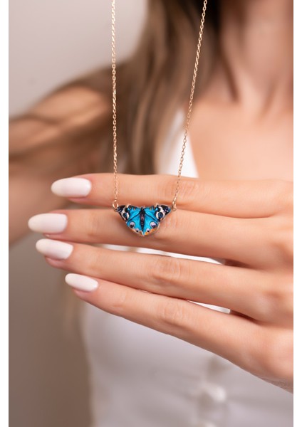 925 Ayar Gümüş Rose Gold Mavi Mineli Kelebek Kolye modelleri