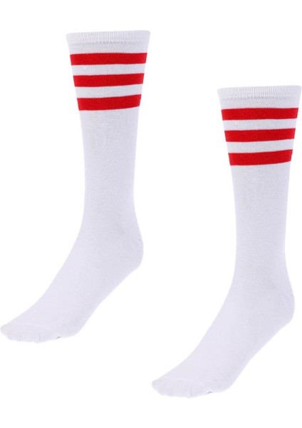 Şerit Uyluk Yüksek Tüp Çorap S Beyaz + Stripeda