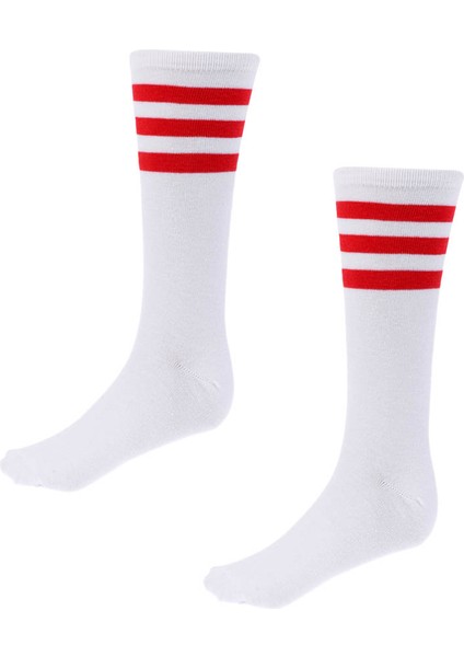 Şerit Uyluk Yüksek Tüp Çorap S Beyaz + Stripeda