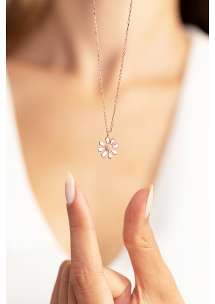 925 Ayar Gümüş Rose Gold Mineli Papatya Kolye
