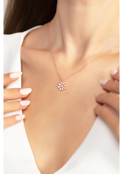 925 Ayar Gümüş Rose Gold Mineli Papatya Kolye fırsatları