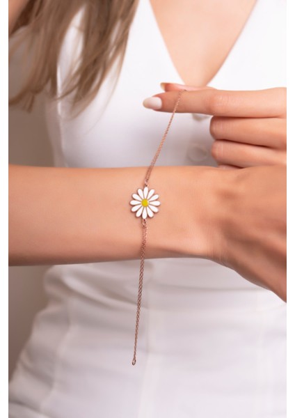 925 Ayar Gümüş Rose Gold Mineli Papatya Bileklik