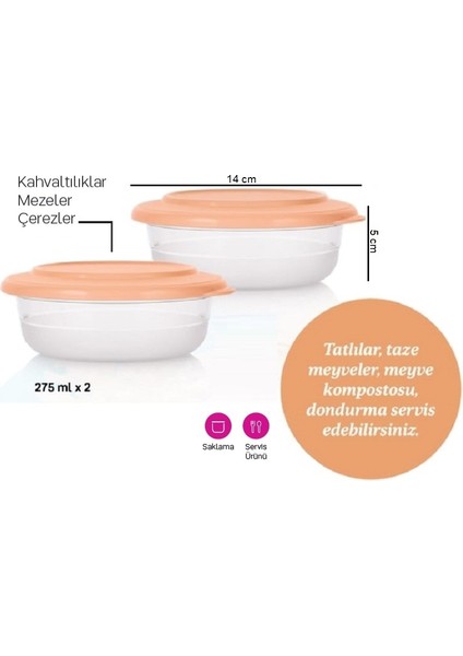 Kristalin Kase 2'li 275 ml Şeftali Küçük Saklama Kabı