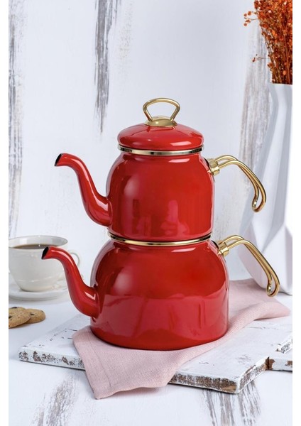 Qualita Petra Emaye Çaydanlık Takımı Kırmızı XAP-22-0353