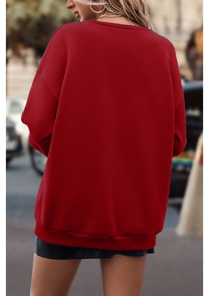 Kadın Kırmızı Basic 0 Sıfır Yaka Baskısız Düz Oversize Salaş Bol Kesim Polar Sweatshirt