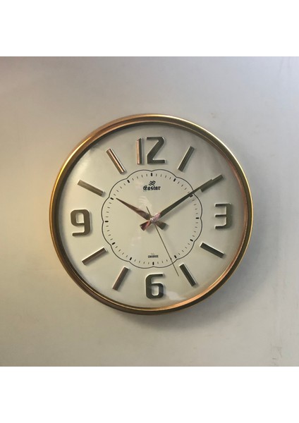 Gold Metal Çerçeveli Bombe Camlı Kabartma Rakamlı Duvar Saati E2775 C
