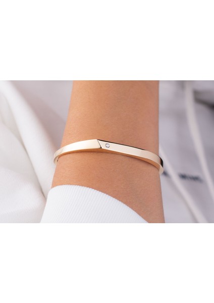 Tek Taşlı Sade Kelepçe Bileklik 14 Ayar Altın