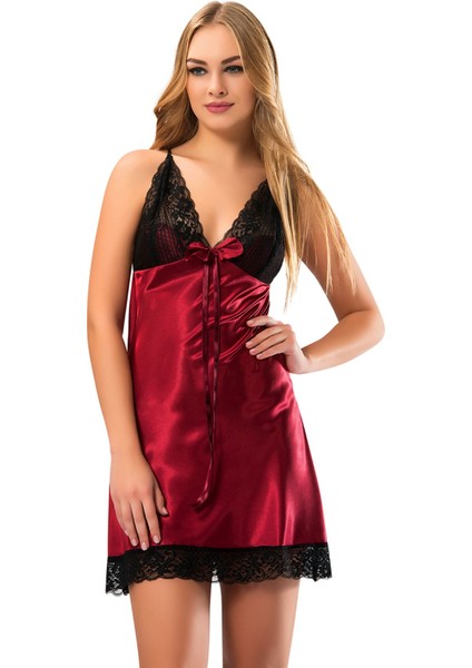 Bordo Dantelli Saten Gecelik - M-348