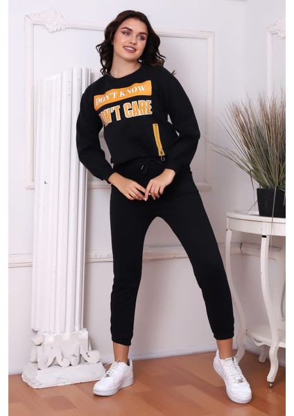 Kadın Siyah Turuncu Fermuar Detaylı Don't Know Baskılı Crop & Sweatshirt