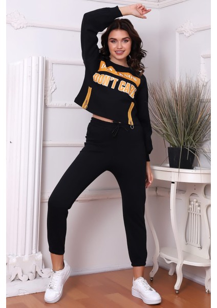 Kadın Siyah Turuncu Fermuar Detaylı Don't Know Baskılı Crop & Sweatshirt